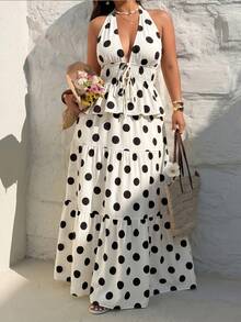 Elenzga Plus Size Women's Elegant Vacation Deep V Polka Dot Print Halter Shirt And A-Line Skirt 2-Piece Set, Spring/Summer - Black and White - View 3
