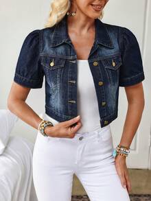 EMERY ROSE Plus Size Women's Solid Color Casual Denim Jacket, Short Sleeve Cowgirl For Women Rodeo For Women - Dark Wash - View 7