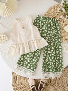 Emery Rose Kids Emery Rose Kids 2件套女童无袖纯色圆领休闲上衣和长裤套装，带荷叶边的幼儿女童夏季套装；2件套幼儿女童可爱复古风碎花套装，夏季服装；儿童夏季两件套女童服装；少女服装裤装套装；女童无袖上衣和碎花阔腿裤套装，带蕾丝边，非常适合夏季玩耍；夏季服装；春季女童套装；两件套女童裤装；少女两件套夏季服装，荷叶边飘逸套装，女童裤装和上衣 - 綠色 - 查看 3