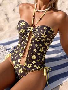 Swim Mod Bộ bikini 2 mảnh mùa hè dành cho nữ, kiểu dáng thoải mái, in họa tiết ngẫu nhiên, đính hạt cườm, có dây rút, gồm áo crop top và quần bikini buộc dây bên hông gợi cảm, thích hợp cho kỳ nghỉ biển. - Nhiều màu - Xem 3