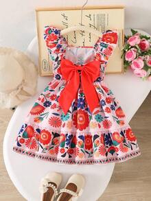 SHEIN Elladie kids 小女孩甜美可爱沙滩度假夏季短袖蝴蝶结装饰连衣裙，适合日常和假日穿着 - 橘色 - 查看 2