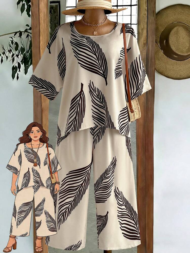 Plus Size Women Tropical Plant Print Short Sleeve Shirt And Wide Leg Pants Casual 2 Pieces Set Zanzea Dress For Women Casual Zoo Outfit Women Summer Summer Outfits Spring Clothing Spring Outfit Festival Outfits For Women Beach Outfit For Women Vacation Outfits Women Holiday Outfits For Women Summer Holiday Outfits Country Concert Outfit Women's Country Clothing Casual Sets For Women