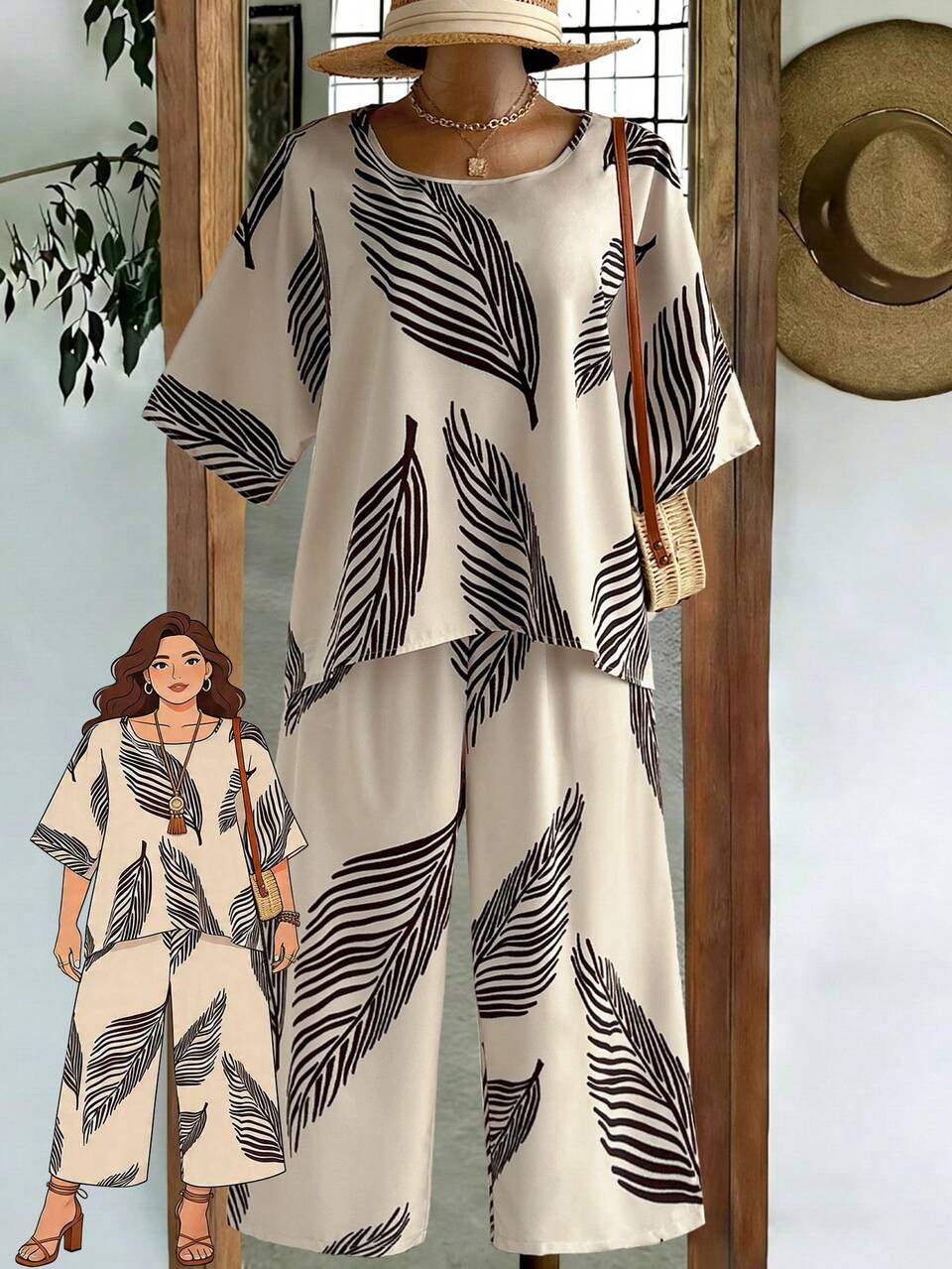 Zanzea Plus Size Women Tropical Plant Print Short Sleeve Shirt Wide Leg Pants 2 Pieces Set Beige Summer Boho Business Casual Vacation Holiday Beach