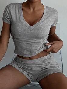 Livesso 夏季简约纯色针织短款修身女式睡衣套装 - 灰色 - 查看 1