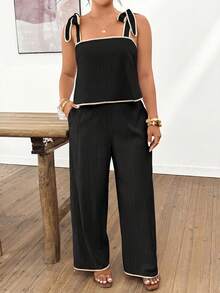 Lounesse 2pcs Contrast Color Fashionable Commuter Plus Size Women Camisole And Pants Set - Black - View 5