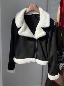 SHEIN X Lucía Bellido SHEIN EZwear Teddy Lined Open Front Suedette Black Jacket In Fall/Winter - Black and White - View 2