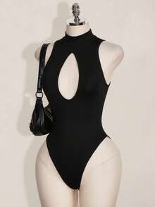SHEIN ICON 女士性感纯色镂空无袖连体衣，夏季 - 黑色 - 查看 3