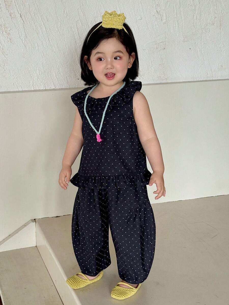 DAZY Áo đầm denim cổ tròn tay ngắn chấm bi viền bèo nhún cho bé gái, mùa hè - Màu xanh lam - Xem 1