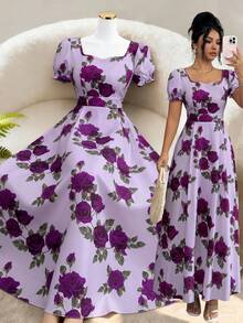 SHEIN Elenzya 女士花卉玫瑰印花方领褶皱A字泡泡袖连衣裙，优雅日常/度假/通勤时尚之选，适合情人节、约会、法式街头风、复古风、派对等场合，白色底色搭配红色玫瑰图案，早春/春夏新款中长连衣裙 - 紫色 - 查看 10
