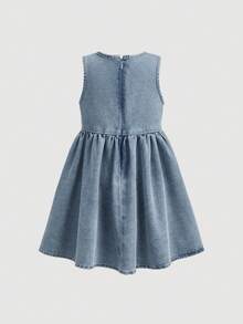 小女孩粉色宽丝带蝴蝶结牛仔无袖连衣裙 - 淺色水洗藍 - 查看 5