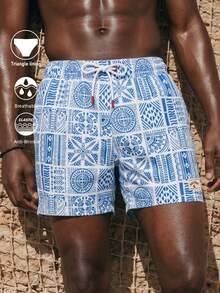 ZELFYO Men's Geometric Print Casual Beach Shorts - Blue - View 1