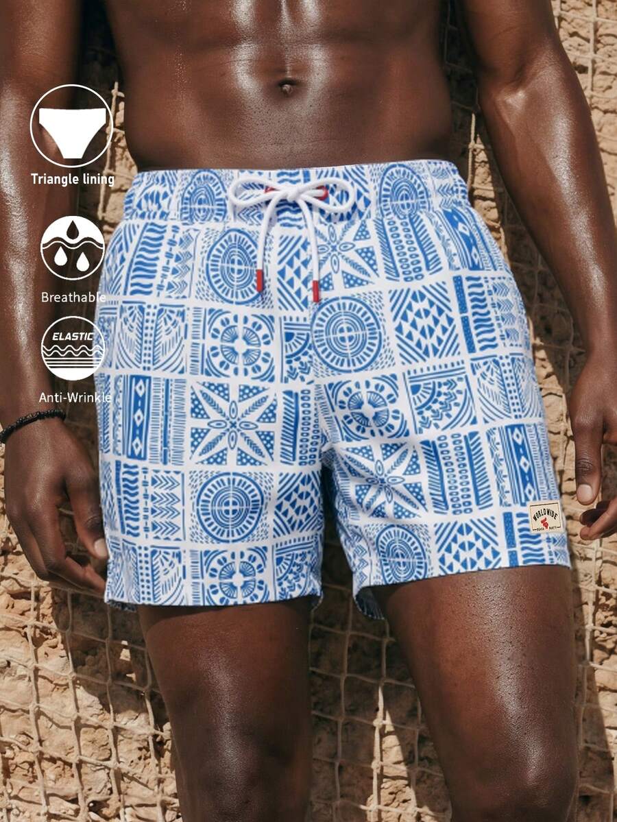 ZELFYO Men's Geometric Print Casual Beach Shorts - Blue - View 1