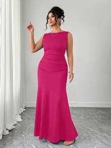 SHEIN Elenzya Đầm chữ A không tay cổ tròn thanh lịch dành cho nữ, thiết kế xếp ly eo, chất liệu vải dệt kim trơn. - Màu Hồng Tươi - Xem 4