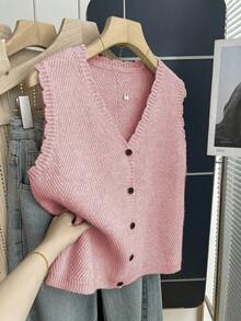 SHEIN Franclia Áo dệt kim cổ chữ V không tay dáng rộng màu mơ, viền ren, thích hợp cho nữ, mùa xuân/hè. - Hồng - Xem 4
