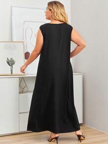 SHEIN Najma CURVE Plus Solid Maxi Tank Dress - Black - View 3