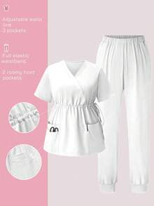 TaskEZ 2pcs V-Neck Waist Cinched Short Sleeve Top And Pants Plus Size Uniform Set, Cleaning Service Outfit - White - View 1