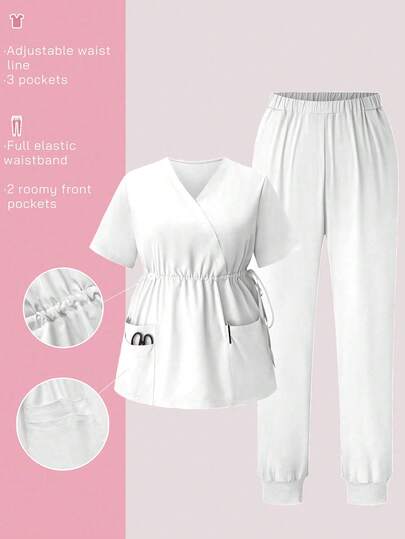 TaskEZ Bộ đồng phục cỡ lớn 2 món gồm áo tay ngắn cổ chữ V thắt eo và quần, trang phục dành cho nhân viên vệ sinh.