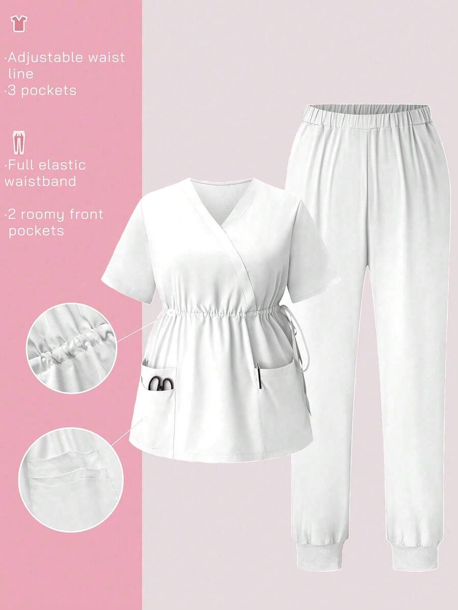 TaskEZ 2pcs V-Neck Waist Cinched Short Sleeve Top And Pants Plus Size Uniform Set, Cleaning Service Outfit - White - View 1