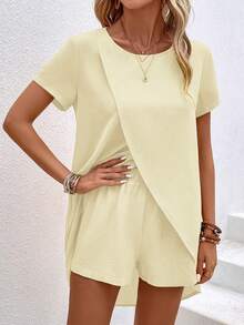 EMERY ROSE Women's Summer Casual Vacation Commute Solid Color Short Sleeve Wrap Cross Top And Shorts 2-Piece Set Vacation Pale Yellow - Apricot - View 3