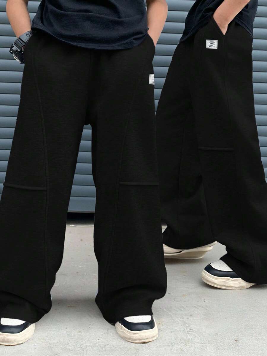 SHEIN Little Byeori 青少年男孩休闲百搭运动裤,适合通勤、上学、日常休闲装、运动、秋冬季 - 黑色 - 查看 1