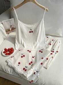 Comfortcana Fruit Print Lace Trim Camisole And Tank Top 2-Piece Set, Casual Sweet Style For Plus Size, Spring/Summer - White - View 4