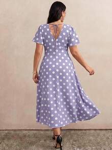 Juhart Large Polka Dot Deep V-Neck Ruffle Sleeve Vacation Dress - Mauve Purple - View 2