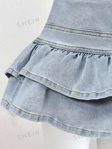 SHEIN Tall Chân váy ngắn denim xếp ly thời trang dành cho nữ cao - Rửa nhẹ - Xem 3