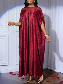 SHEIN Lady Women's Solid Color Round Neck Cape Sleeve Dress - Burgundy - View 6