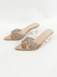 Sirith Sandalias de tacón grueso con cristales para mujer, elegantes y encantadoras, de slip-on y punta abierta, con destellos para fiestas, clásicas y glamorosas en color champán - Champán - Ver 13