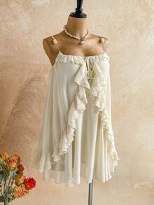 Soleia New Ruffled Asymmetrical Hem Drawstring Metal Decor Mini Dress, Suitable For Wedding, Date, Afternoon Tea, Vacation, Music Festival, Bohemian - Light Yellow - View 7