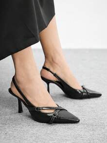 CUCCOO BIZCHIC 女士尖头性感后跟替换扣低鞋面套脚细高跟通勤布多功能侧镂空女式高跟鞋 - 金屬黑 - 查看 5