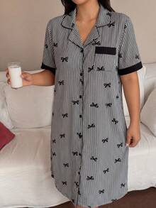 Napfluff CURVE Napfluff CURVE Áo ngủ nữ cỡ lớn cài cúc phía trước, cổ ve áo, tay ngắn, họa tiết nơ và sọc, thích hợp cho mùa hè. - màu đen - Xem 5