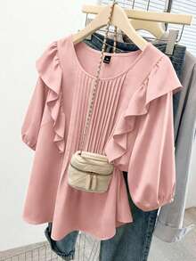 GlowEve CURVE Plus Size Women Solid Color Patchwork Ruffle Hem Loose Blouse - Pink - View 1