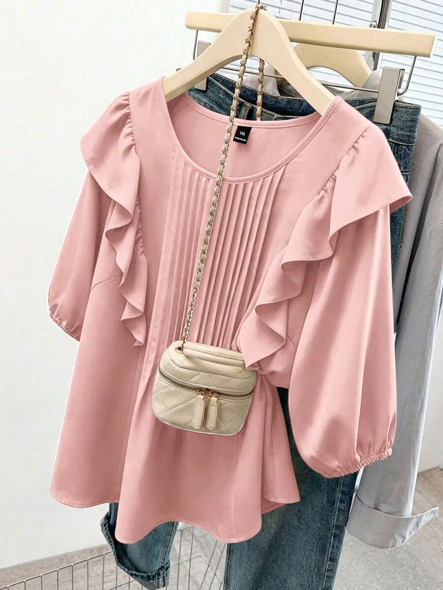 GlowEve CURVE Plus Size Women Solid Color Patchwork Ruffle Hem Loose Blouse - Pink - View 1