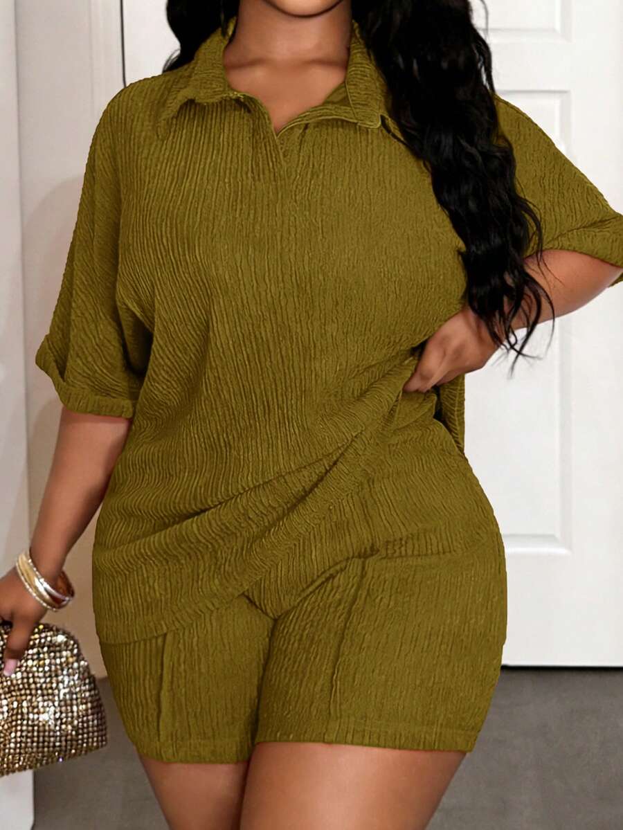 Slaydiva Plus Size 2-Piece Set:Loose Collared T-Shirt With Rolled Cuffs & Bodycon Shorts,Knit Stretch Fabric,Summer,Smart Casual,Vacation,Olive Green Outfits - Green - View 1