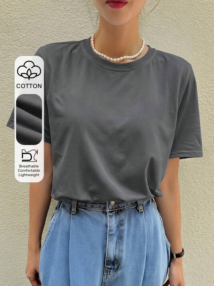 Women's Solid Color Casual Round Neck Short Sleeve T-Shirt, Summer