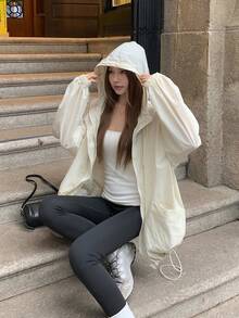 女士休闲连帽宽松轻薄长袖外套，甜美文艺风，适合夏季、春季、秋季、海滩、度假、街头时尚 - 米色 - 查看 5