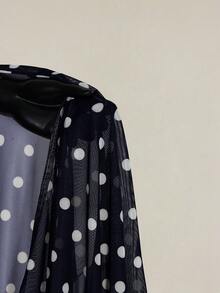 SHEIN ICON Plus Size Women Black & White Polka Dot Print Asymmetric Neck Mesh Blouse - Navy Blue - View 8