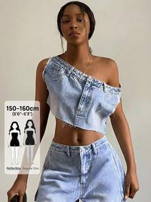 SHEIN PETITE Women's Frayed Hem Sexy Cropped Denim Asymmetrical Shoulder Top - Light Wash - View 7
