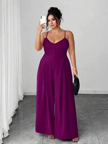 SHEIN CURVE+ 大码女士优雅褶裥腰部阔腿连体裤，春夏款 - 紫色 - 查看 3