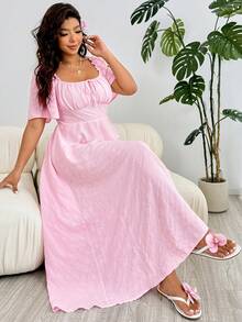 Solflare Romantic Long Flounce Sleeve A-Line Dress, Suitable For Casual, Party, Commute, Wedding, Music Festival, Beach Vacation, Plus Size, Pink - Pink - View 6