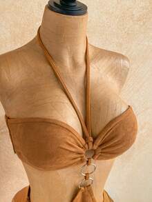 Soleia Nouvelle combinaison sexy à col ras-du-cou, taille ajourée avec franges , style bohème, romantique à fleurs, pour les vacances - Tabac - Voir 5