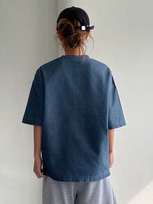 Women's V-Neck Short Sleeve Loose Letter Print Casual Street Style Denim Pullover Top, Summer - Medium Wash - View 4