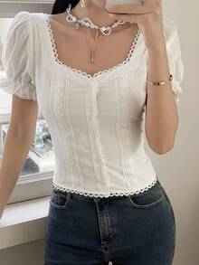 Women's Summer Lace Trim French Petal Sleeve Cropped Top - White - View 2