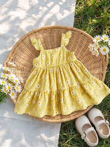 SHEIN Newborn Baby Girl Cute Summer Floral & Plaid Pattern Dress - Yellow - View 8