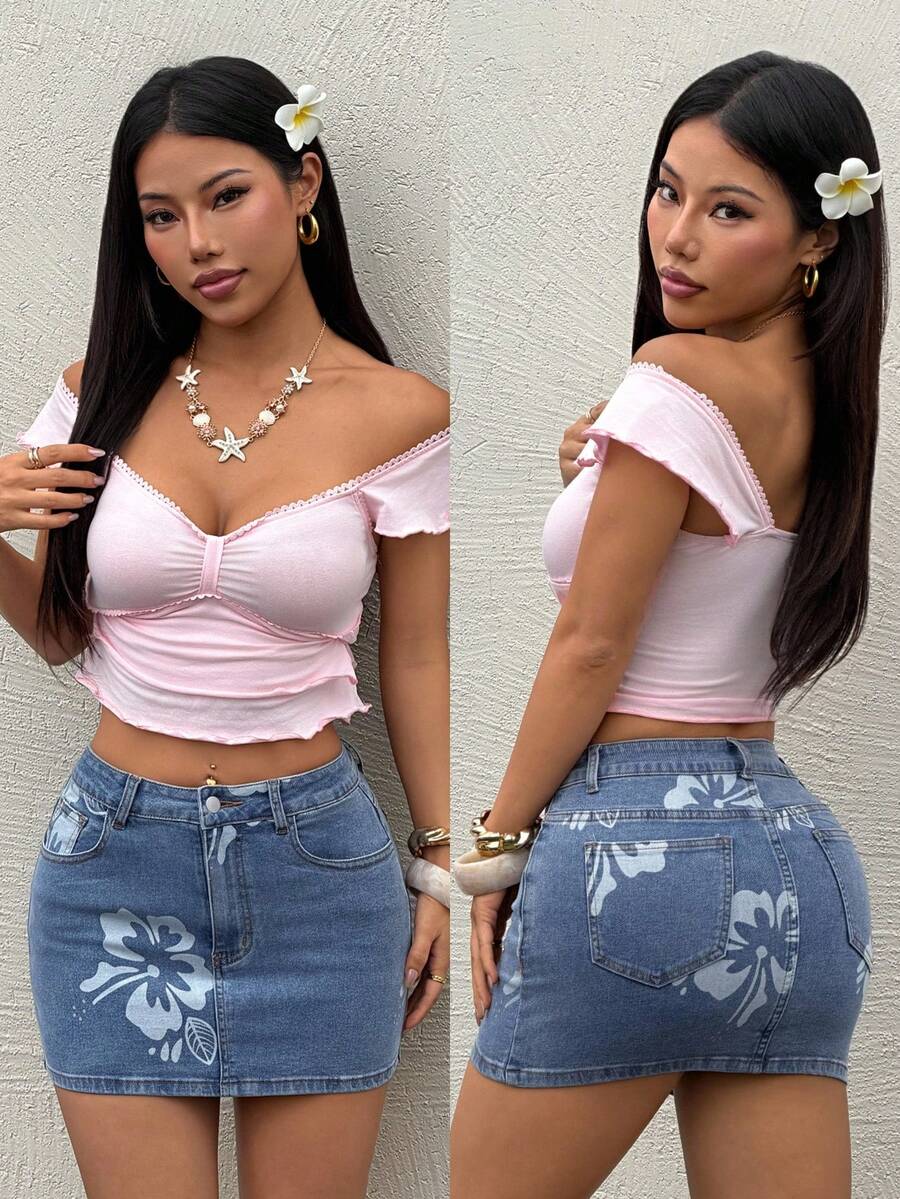 Rivivi 女士休闲百搭牛仔迷你裙,印花口袋设计,适合约会和外出穿着。 - 藍色 - 查看 1