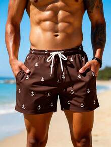 Palasendo Pantalones cortos de playa de 2 en 1 con estampado completo de ancla y cintura con cordón, estilo de vacaciones de playa para hombres - Café integral - Ver 4