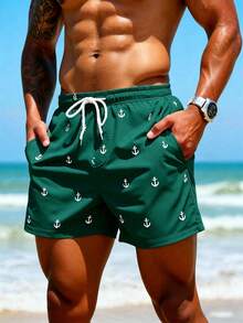 Manfinity KASUA Pantalones cortos de playa casuales estampados con cordón 2 en 1 para hombres, vacaciones - Verde Oscuro - Ver 7