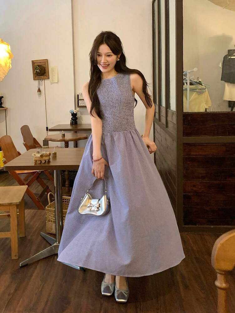 Women's Round Neck Casual Sleeveless Plaid Mid-Length Dress, Spring/Summer Korean Style Sun Dresses For Women