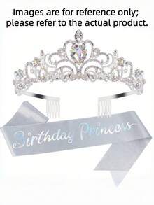 Sparkling Birthday Princess Crown With Sash – Silvery Rhinestone Tiara & Sash Set, Women's Party Decoration - View 3
